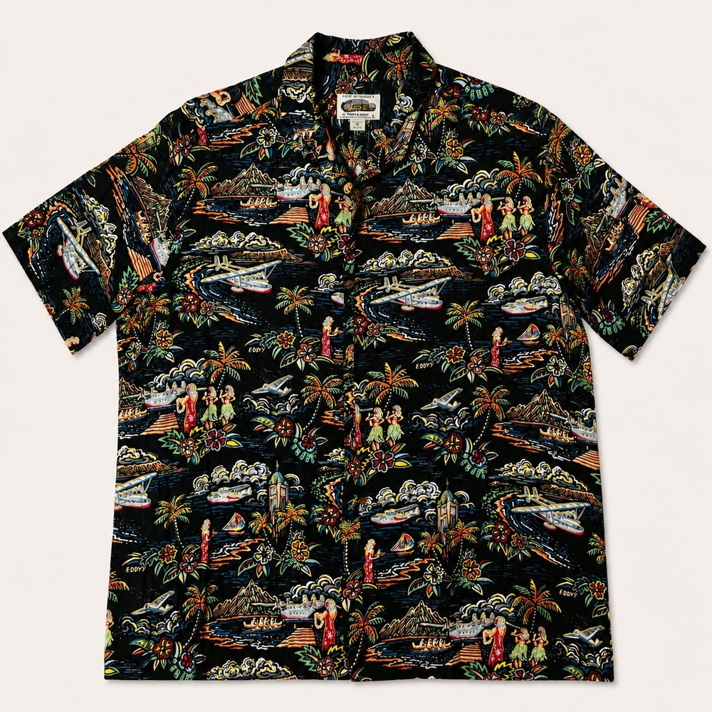 Reyn Spooner Art of Eddy Y Hawaiian Shirt Mens XXL Black Rayon Aloha USA